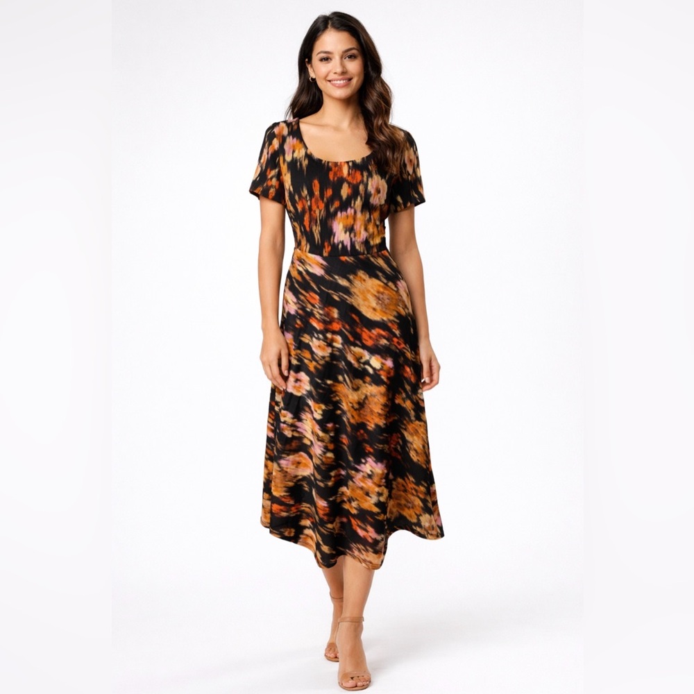 Carmen Marc Valvo Midi Dress Spice Black Orange Red 10 Short Sleeve Washable